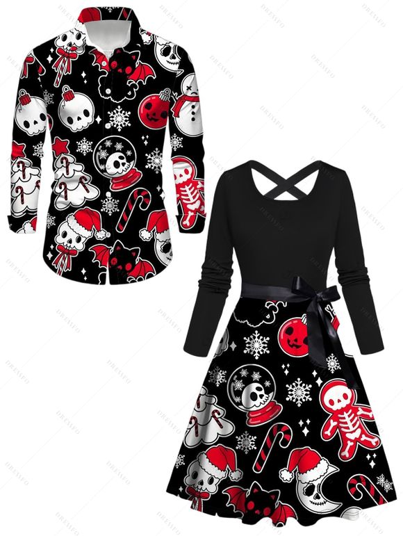 Couple Outfit Ghost Christmas Tree Snowflake Print Belt Dress and Shirt Set - Noir S | US 4