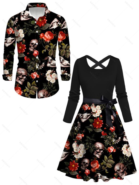Vacation Couple Outfit Skull Floral Rose Leaf Print Belt Dress and Shirt Set - Noir S | US 4