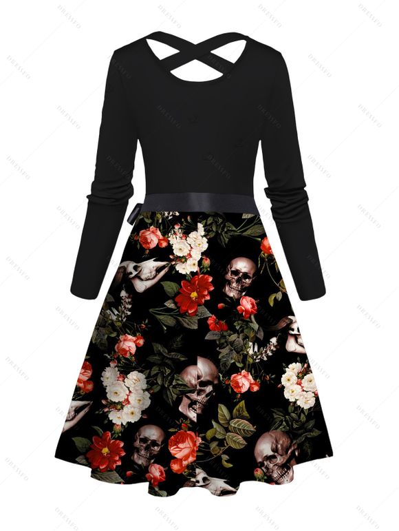 Vacation Couple Outfit Skull Floral Rose Leaf Print Belt Dress and Shirt Set - Noir S | US 4