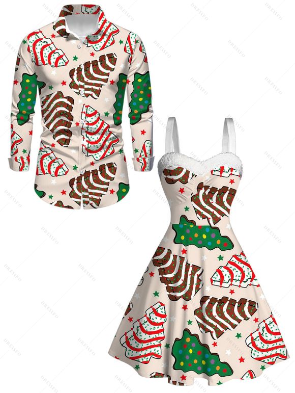 Couple Outfit Colored Christmas Tree Star Print Faux Fur Dress and Shirt Set - Abricot S | US 4