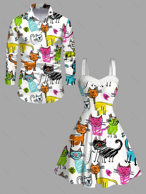 Vacation Couple Outfit Cartoon Cat Print Faux Fur Dress and Shirt Set - Blanc S | US 4
