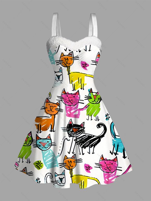 Vacation Couple Outfit Cartoon Cat Print Faux Fur Dress and Shirt Set - Blanc S | US 4