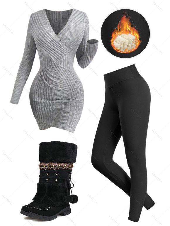 Winter Outfit Ribbed Tulip Hem Bodycon Dress Leggings and Boots Set - Gris Clair S | US 4