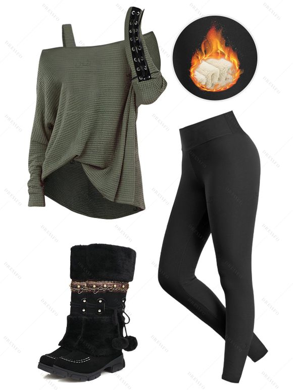 Winter Outfit Solid Color Textured Top Fleece-Lined Leggings and Boots Set - Vert Armée S | US 4