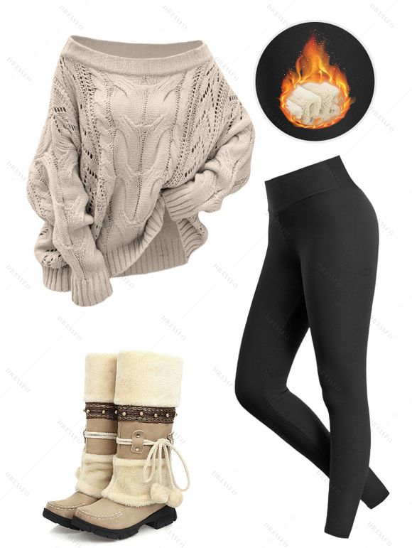 Winter Outfit Cable Knit Off the Shoulder Sweater Fleece-Lined Leggings and Boots Set - Abricot S | US 4