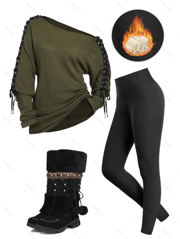 Winter Outfit Lace Up Grommet Solid Color Top Fleece-Lined Leggings and Boot Set - Vert Armée S | US 4