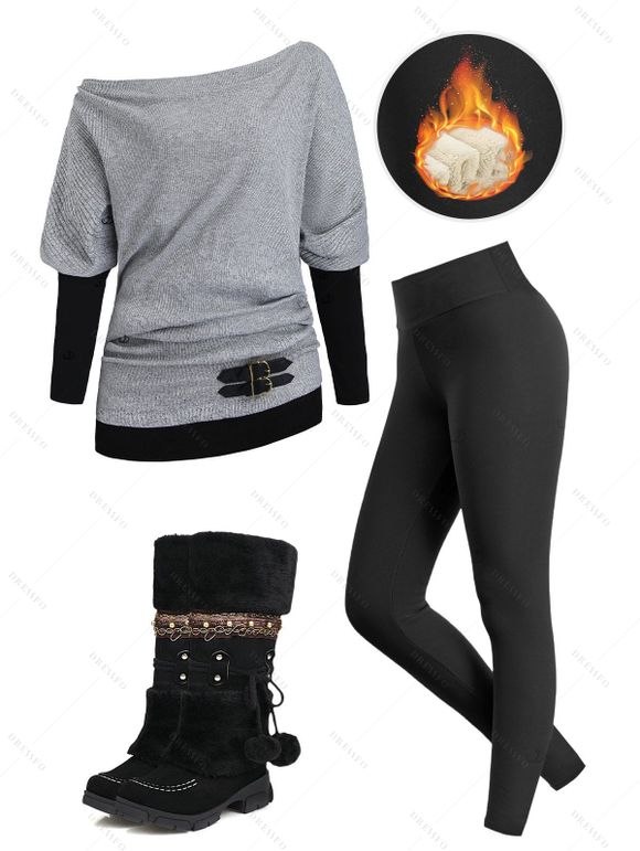 Winter Outfit Colorblock Buckle Top Fleece-Lined Leggings and Boots Set - Gris S | US 4