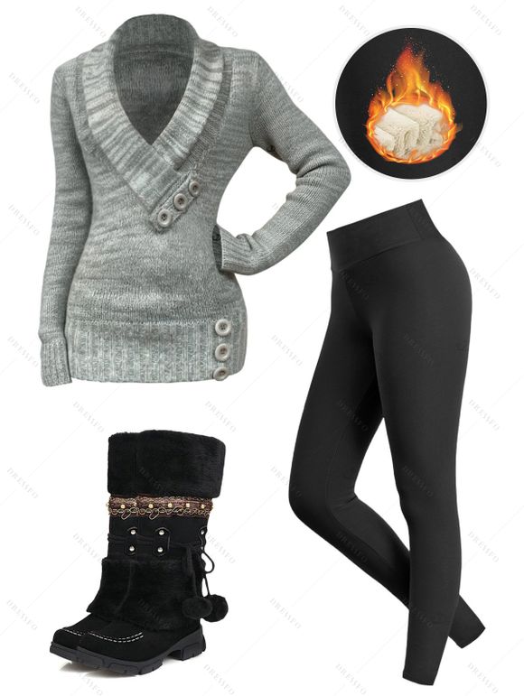Winter Outfit Heather Sweater Fleece-Lined Leggings and Boots Set - Gris Foncé S | US 4