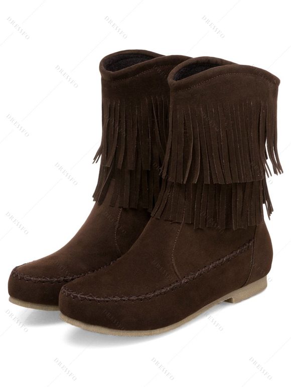 Solid Color Boots Tassel Slip On Flat Platform Outdoor Boots - Café profond EU 35