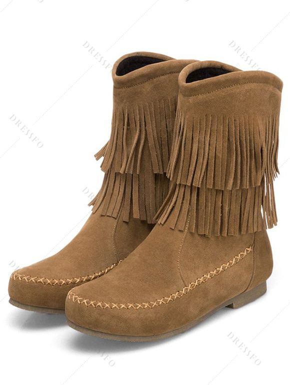Solid Color Boots Tassel Slip On Flat Platform Outdoor Boots - Brun EU 42