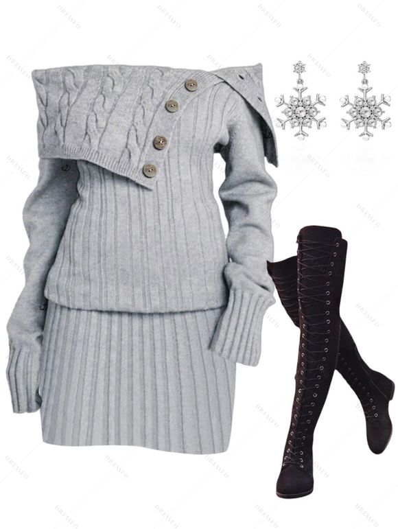 Winter Outfit Cable Knit Off the Shoulder Sweater Dress and Earrings Boots Set - Gris S | US 4