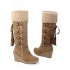 Lace-Up Fringes High Shaft Snow Boots Wedge Heel Foldable Cuff Boots - Brun EU 35