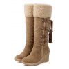 Lace-Up Fringes High Shaft Snow Boots Wedge Heel Foldable Cuff Boots - Brun EU 35