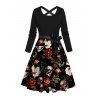 Robe de vacances à imprimé floral tête de mort, rose et feuilles, ceinture croisée - Noir XXXXXL | US 20