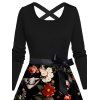 Robe de vacances à imprimé floral tête de mort, rose et feuilles, ceinture croisée - Noir XXXXXL | US 20