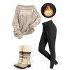 Winter Outfit Cable Knit Off the Shoulder Sweater Fleece-Lined Leggings and Boots Set - Abricot S | US 4