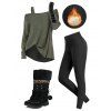 Winter Outfit Solid Color Textured Top Fleece-Lined Leggings and Boots Set - Vert Armée S | US 4