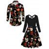 Vacation Couple Outfit Skull Floral Rose Leaf Print Belt Dress and Shirt Set - Noir S | US 4