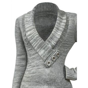 Heather Sweater Mock Button V Neck Pullover Long Sleeve Sweater