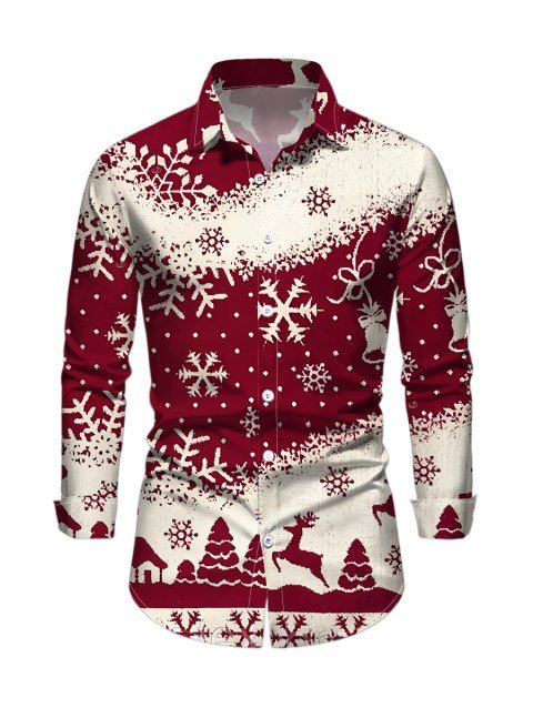 Chemise homme colorblock à manches longues avec imprimé sapin de Noël, élan et flocons de neige