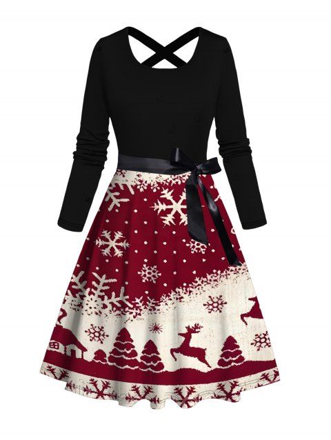 Robe colorblock à imprimé sapin de Noël, élan et flocons de neige, avec ceinture croisée