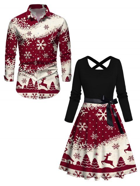 Couple Outfit Christmas Tree Elk Snowflake Print Belt Dress and Shirt Set