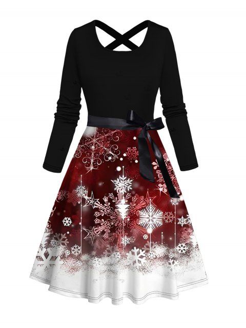 Robe de Noël à imprimé flocons de neige, robe à ceinture croisée et blocs de couleurs