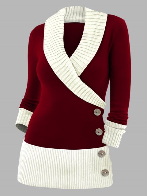 Pull colorblock à faux boutons et col cache-cœur, manches longues