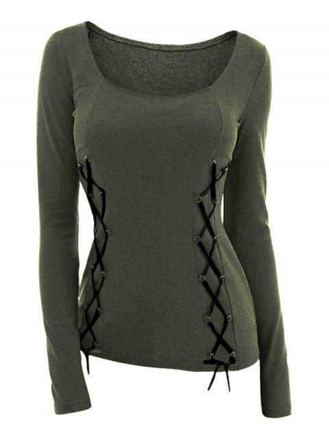 Solid Color Top Lace Up Square Neck Long Sleeve Top