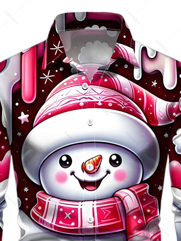 Chemise de Noël pour homme, manches longues, imprimé bonhomme de neige, cœur et étoile - Rouge Rose 5XL
