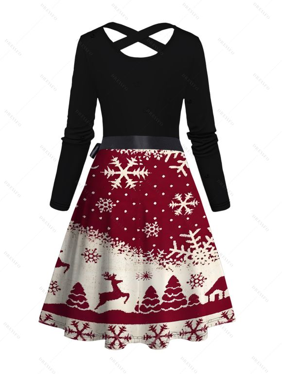 Robe colorblock à imprimé sapin de Noël, élan et flocons de neige, avec ceinture croisée - Rouge Vineux XXXXXL | US 20