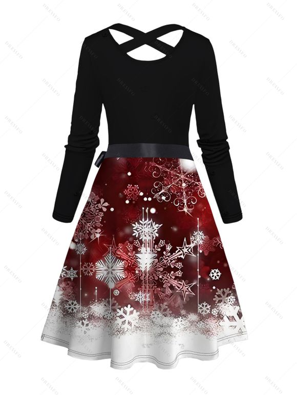 Robe de Noël à imprimé flocons de neige, robe à ceinture croisée et blocs de couleurs - Rouge Vineux XXXXXL | US 20