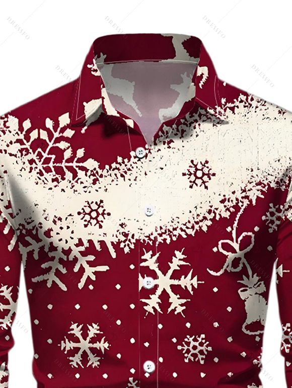 Chemise à manches longues pour homme, colorblock, imprimé sapin de Noël, élan et flocons de neige - Rouge Vineux 5XL