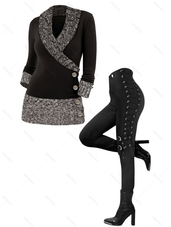 Winter Outfit Colorblock Mock Button Surplice Sweater and Grommet Leggings Set - Noir S | US 4