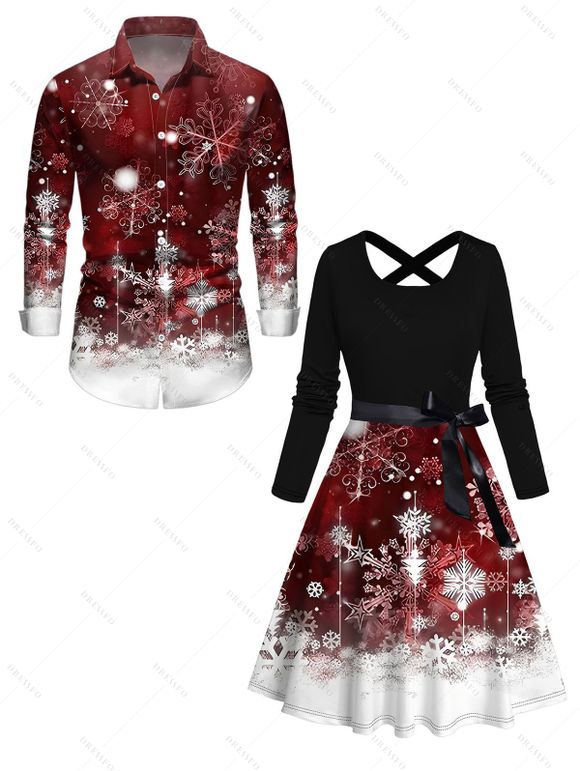 Christmas Couple Outfit Snowflake Print Crossover Belt Dress and Shirt Set - Rouge Vineux S | US 4
