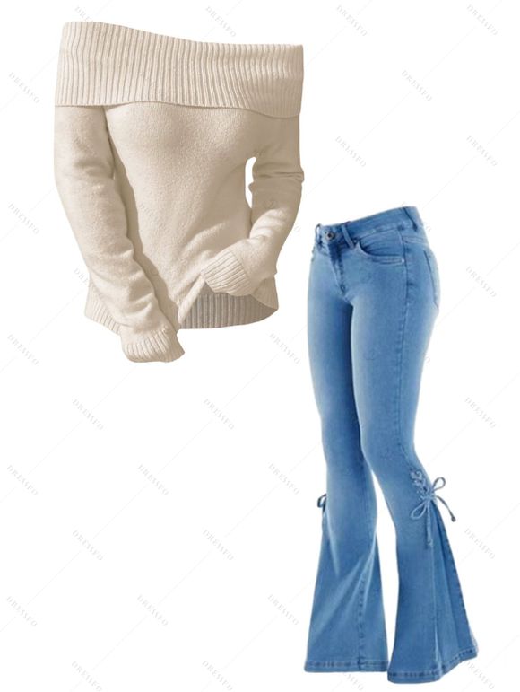 Winter Outfit Solid Color Off the Shoulder Sweater and Flare Jeans Set - café lumière S | US 4