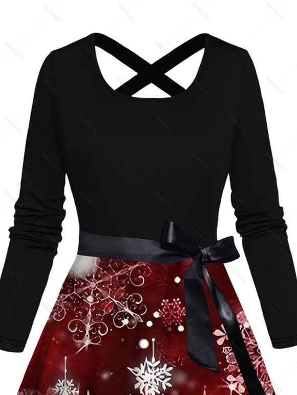 Christmas Couple Outfit Snowflake Print Crossover Belt Dress and Shirt Set - Rouge Vineux S | US 4