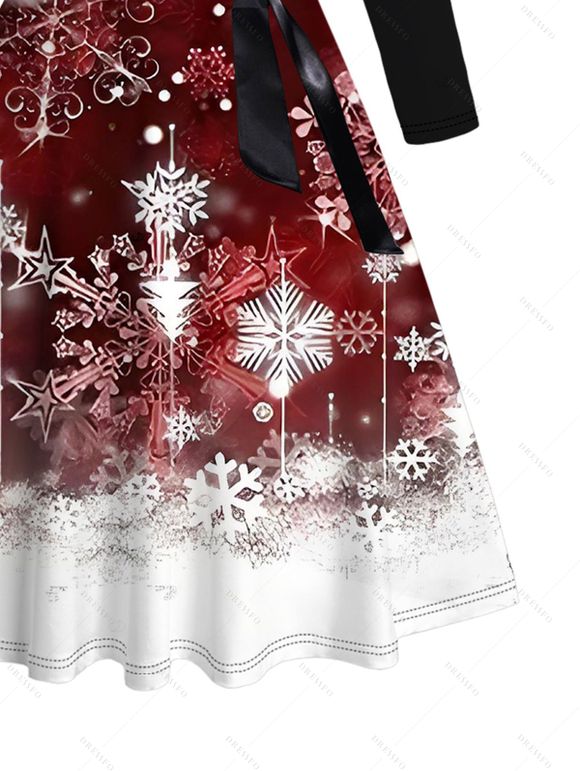 Christmas Couple Outfit Snowflake Print Crossover Belt Dress and Shirt Set - Rouge Vineux S | US 4