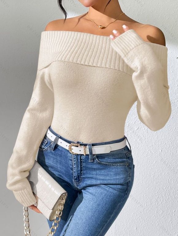 Winter Outfit Solid Color Off the Shoulder Sweater and Flare Jeans Set - café lumière S | US 4