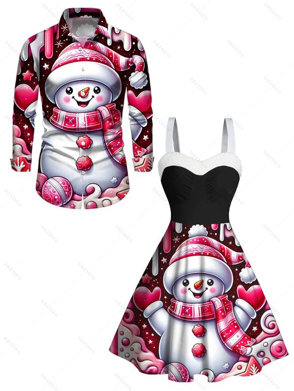 Christmas Couple Outfit Snowman Heart Star Print Faux Fur Dress and Shirt Set - Rouge Rose S | US 4