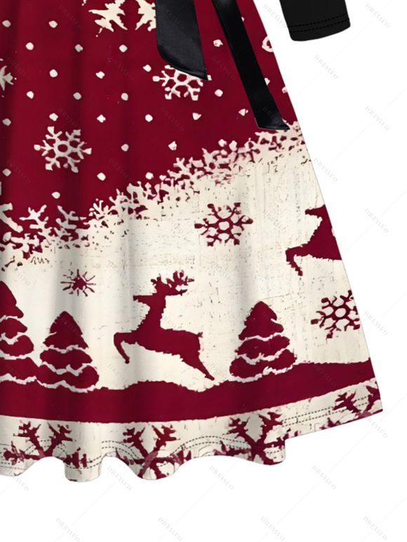 Couple Outfit Christmas Tree Elk Snowflake Print Belt Dress and Shirt Set - Rouge Vineux S | US 4