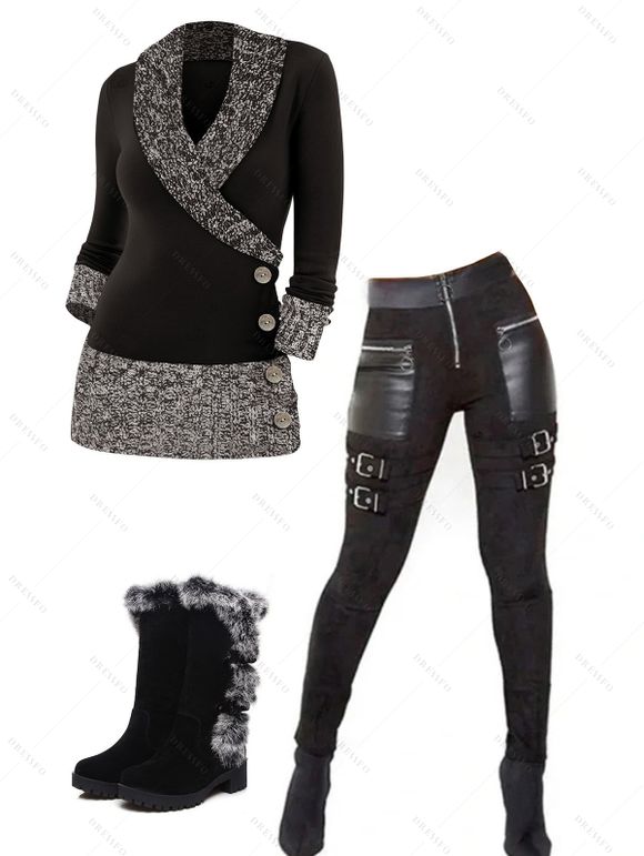 Winter Outfit Colorblock Mock Button Sweater Buckle Leggings and Boots Set - Noir S | US 4