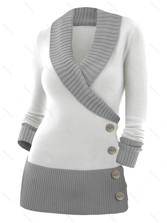 Pull colorblock à faux boutons et col cache-cœur, manches longues - Blanc XXL | US 14