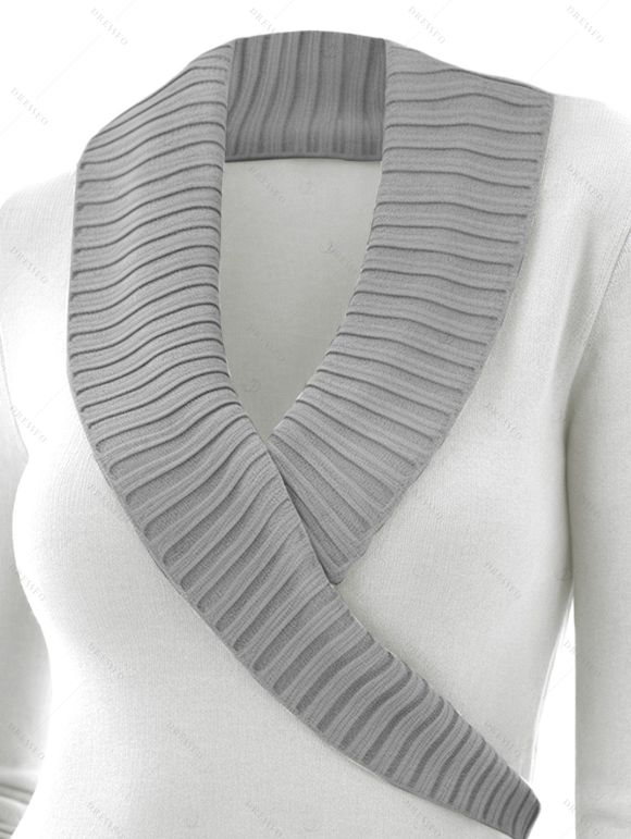 Pull colorblock à faux boutons et col cache-cœur, manches longues - Blanc XXL | US 14