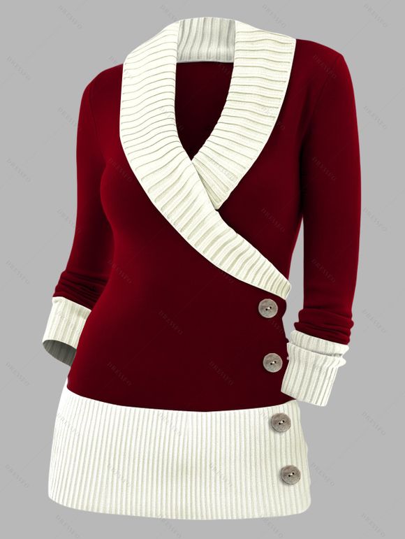 Pull colorblock à faux boutons et col cache-cœur, manches longues - Rouge Vineux XL | US 12