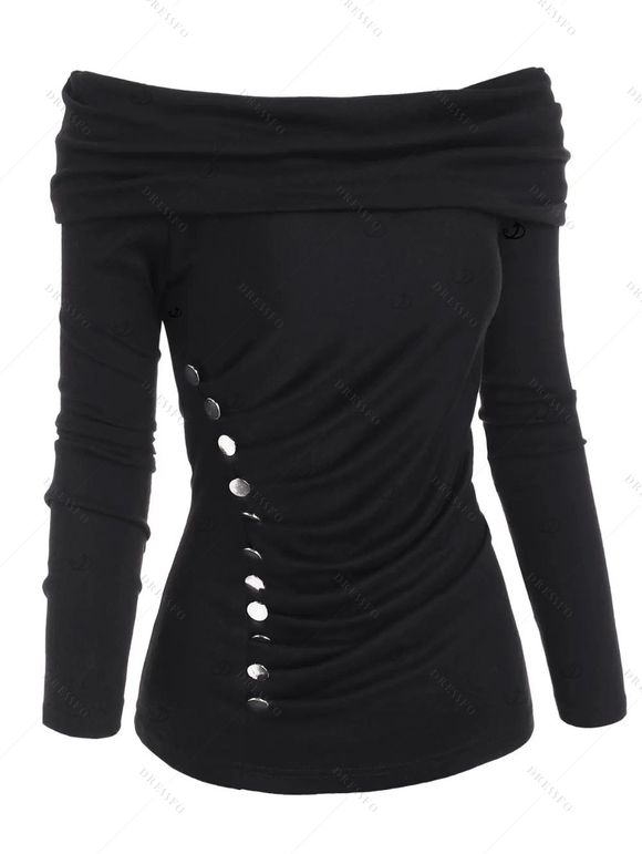 Haut uni à faux boutons et épaules dénudées froncées - Noir XL | US 12