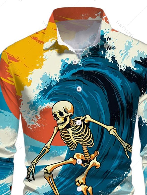 Chemise de vacances pour homme, manches longues, imprimé squelette et vagues, surf - Bleu 5XL
