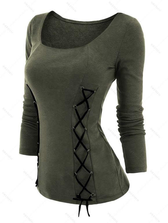 Haut uni à lacets, col carré et manches longues - Vert Armée XL | US 12