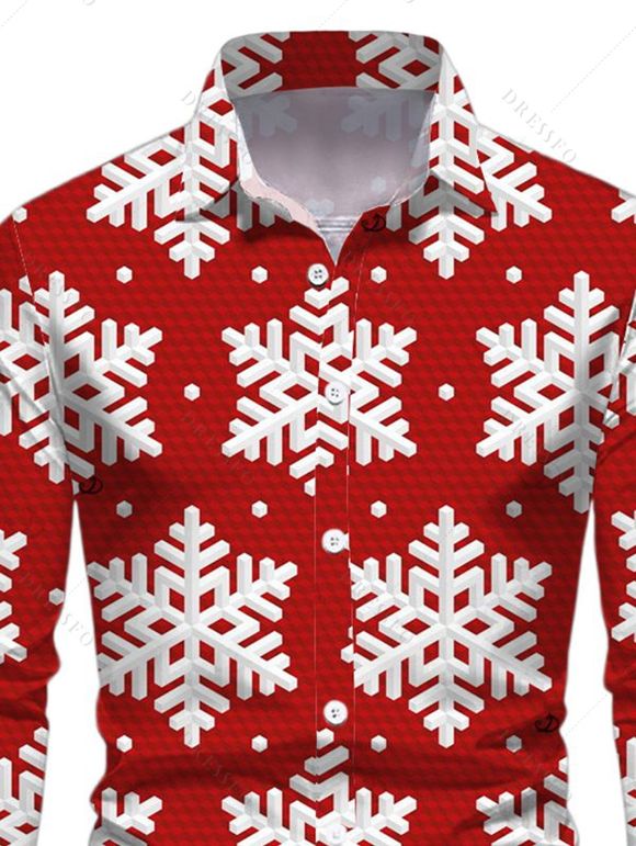 Chemise de Noël pour homme à manches longues, imprimé flocons de neige intégral - Rouge 5XL
