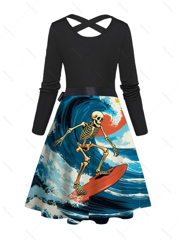 Robe de vacances imprimée vagues et squelette, ceinture croisée - Bleu XXXL | US 16